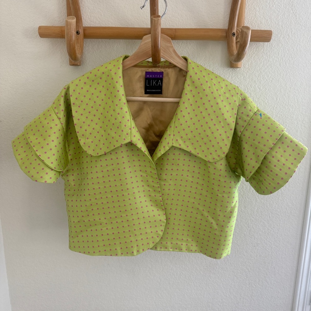 Vintage retro lime Green pink polka dot bolero cropped jacket ruffle sleeves